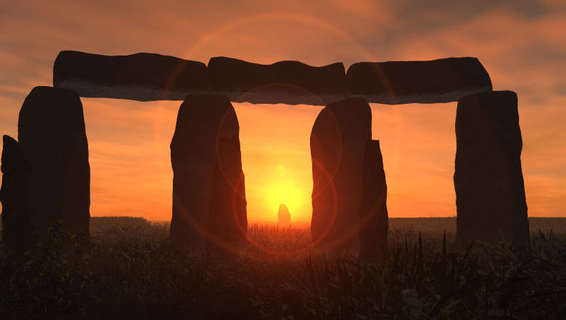 Stonehenge, a massive stone megalith or structure is depicted in silhouette against a fiery red and orange sunrise. Litha Pagan Holidays